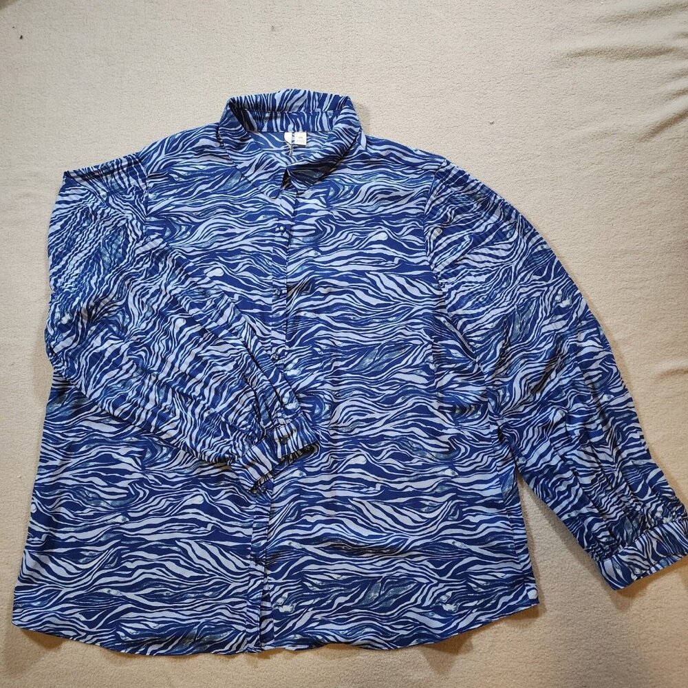 Elle Y2K Style Blue Zebra Print Button Front Shirt Sz XXL